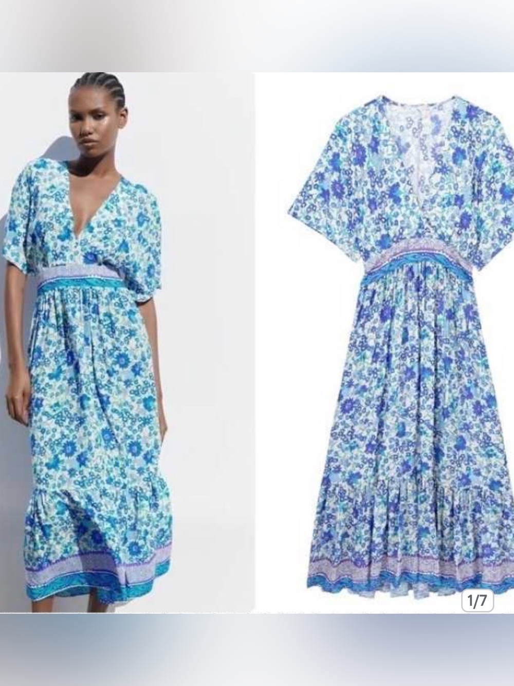 Zara Blue Floral Boho Midi Dress Empire Waist Short Sleeve - Picture 2 of 7